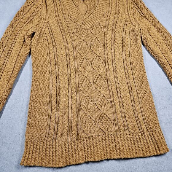 LL Bean Signature Sweater Womens Small Cable Knit Fisherman Tunic V-Neck Mustard - Picture 3 of 11